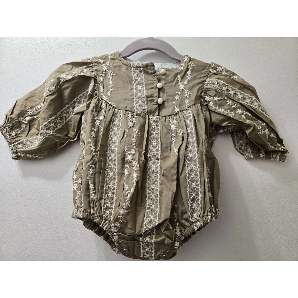 Ryan & Remi Baby Girl Olive Green Embroidered Puff‎ Sleeve Romper Onesie